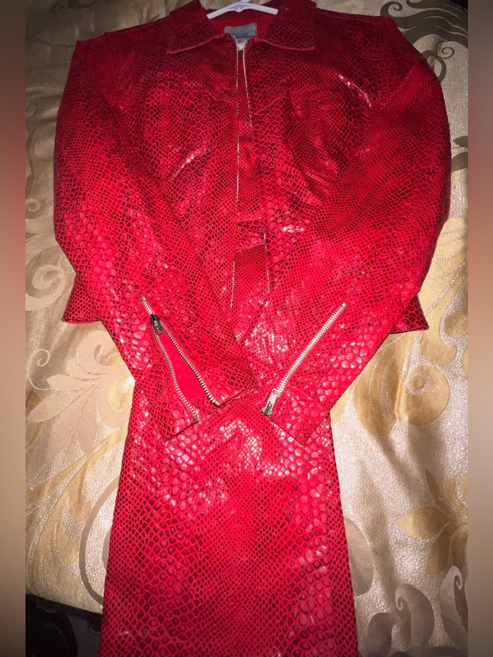 Vintage Biscote Paris Red Faux Snakeskin Pantsuit Set Size 2